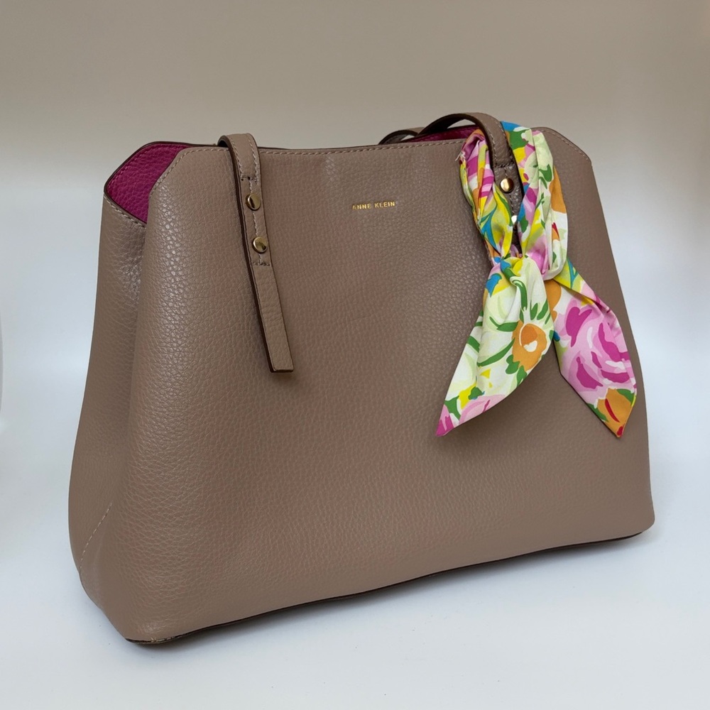Anne Klein Taupe Pebbled Leather Tote with Floral Scarf Accent